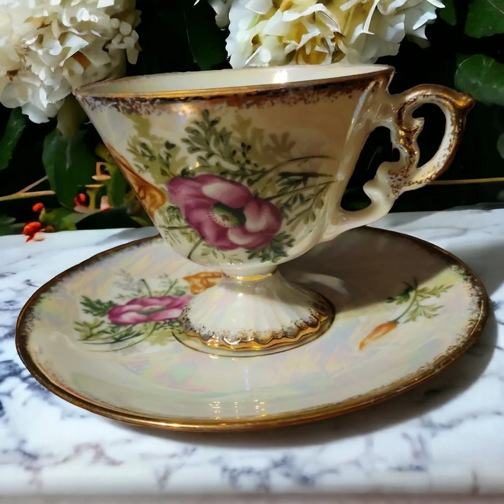 Vtg August Poppy Iridescent Demitasse Footed Cup Saucer Heavy Gold Accents